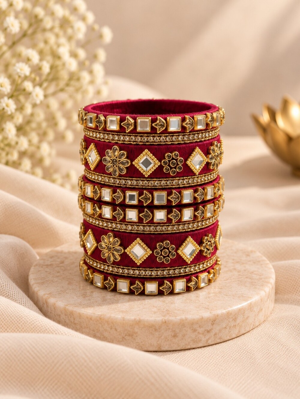 Maroon Thread Mirror Work Bangle Set Size 2.8 | Traditional Indian Bangles